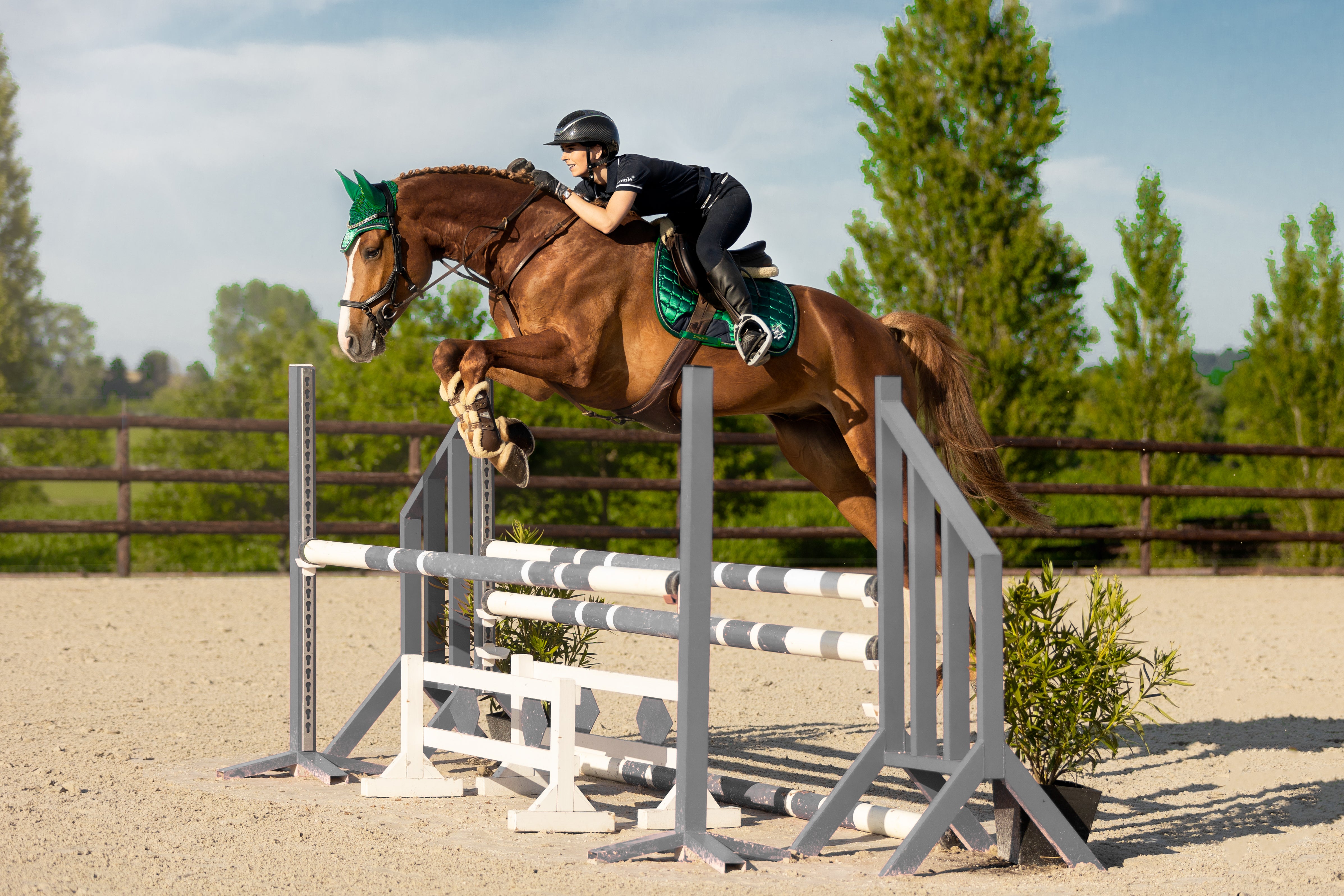 Show Jumper riding a horse wearing Dapple Emerald Green Jump Saddle Pad and Fly Veil mid jump