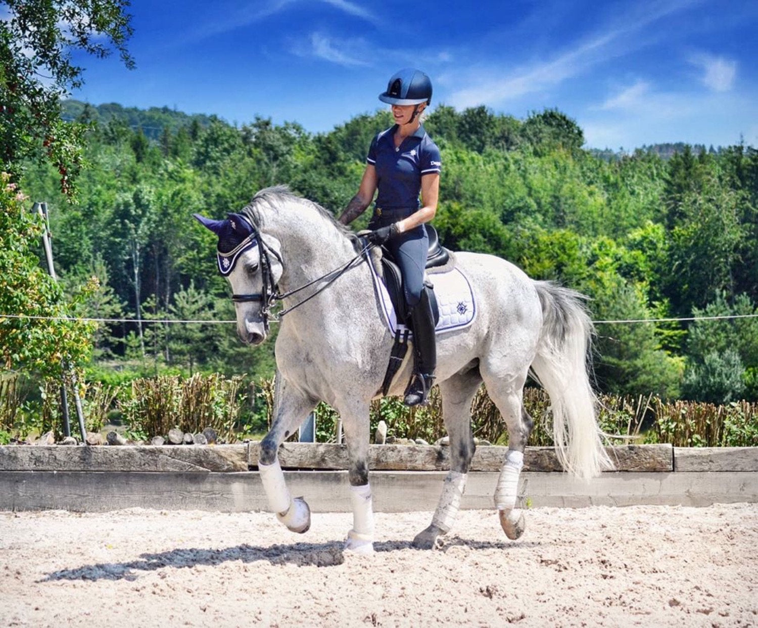 Dressage Rider Clarissa Spririg with white horse wearing a White Dressage Saddle Pad