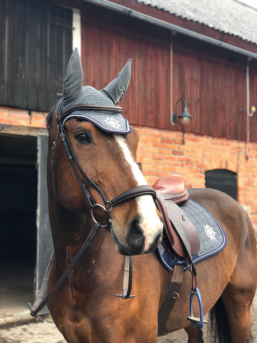 Horse in Stable yard wearing Grey Melange Fly Veil and Saddle Pad