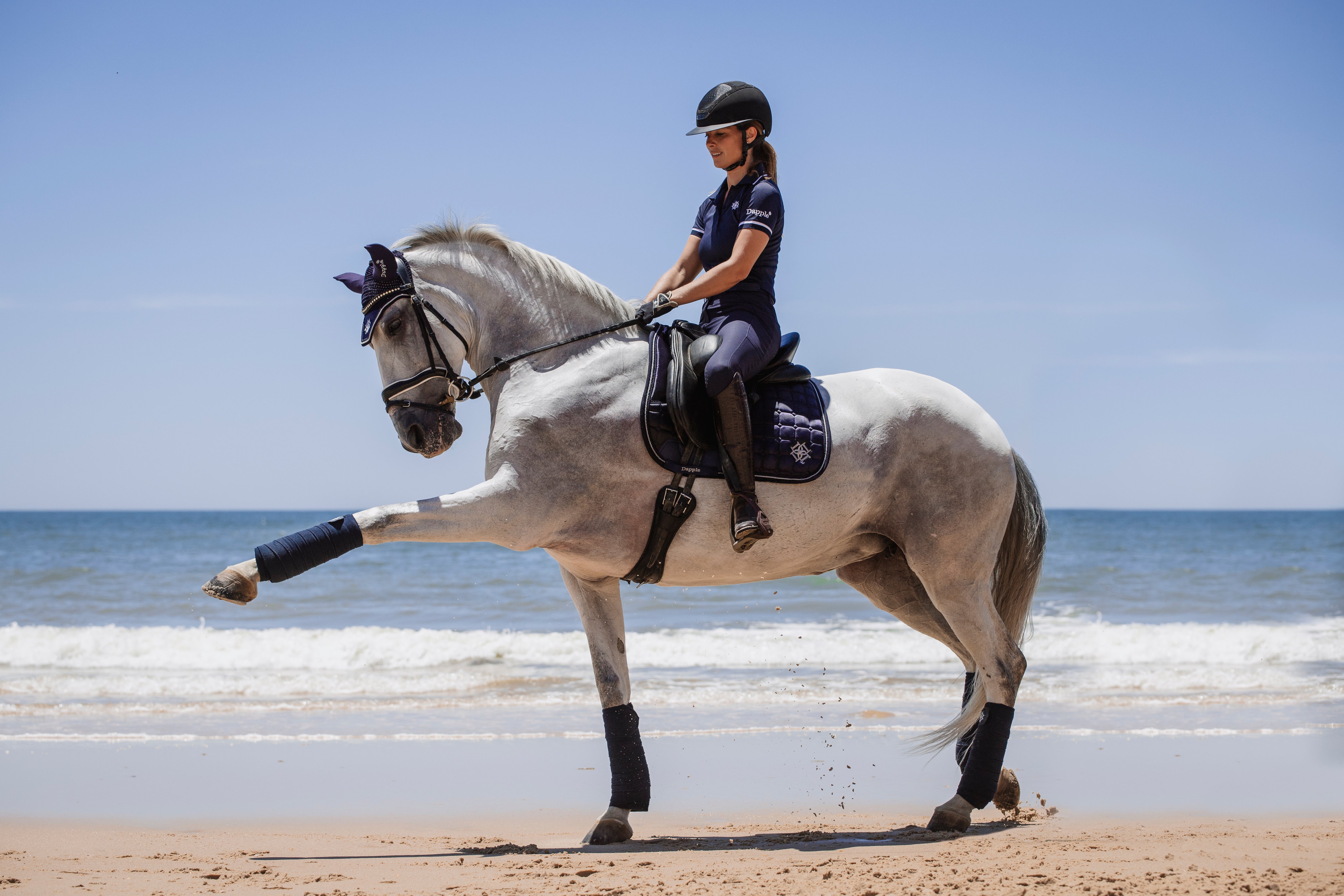 Dressage rider on a beach in Spain riding a White Horse wearing Dapple Equestrian Oxford Blue Dressage Saddle Pad, Fleece Bandages and Fly Veil