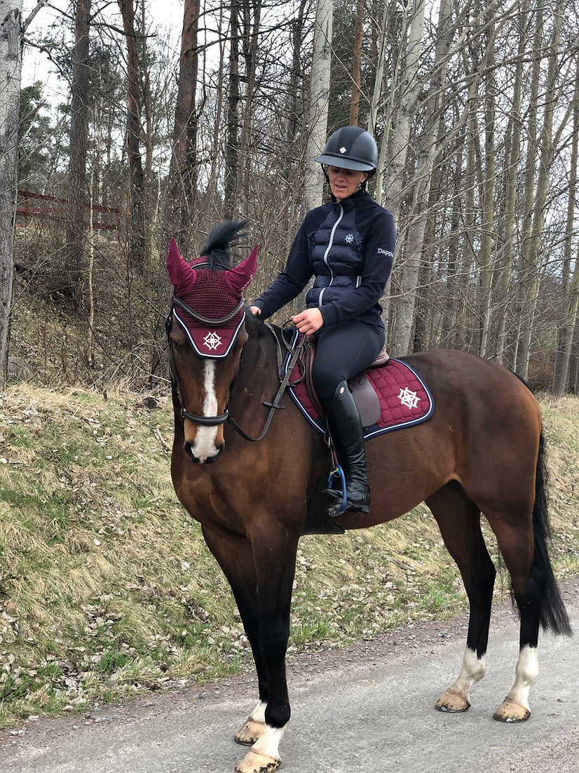 Horse and Rider in woodland, rider wearing Dapple Hybrid jacket on horse wearing Burgundy Saddle Pad and Fly Veil