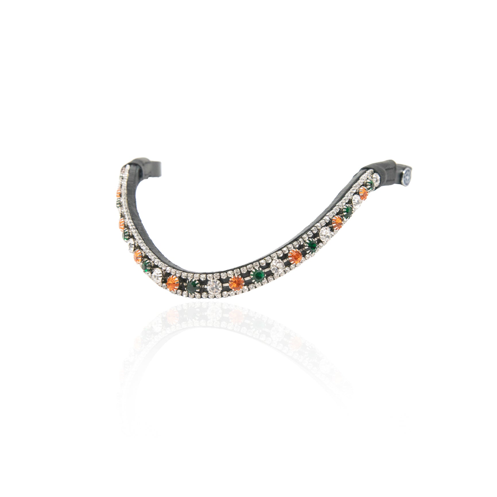 Dapple Equestrian horse browband with green, white and orange Diamante details
