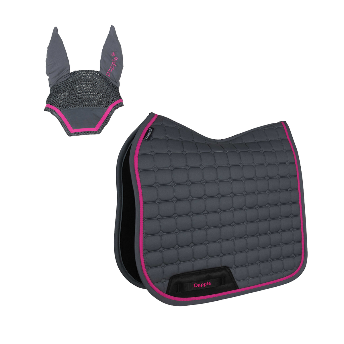 Grey & Fuchsia Saddle Pad and Fly Veil Set - No logo