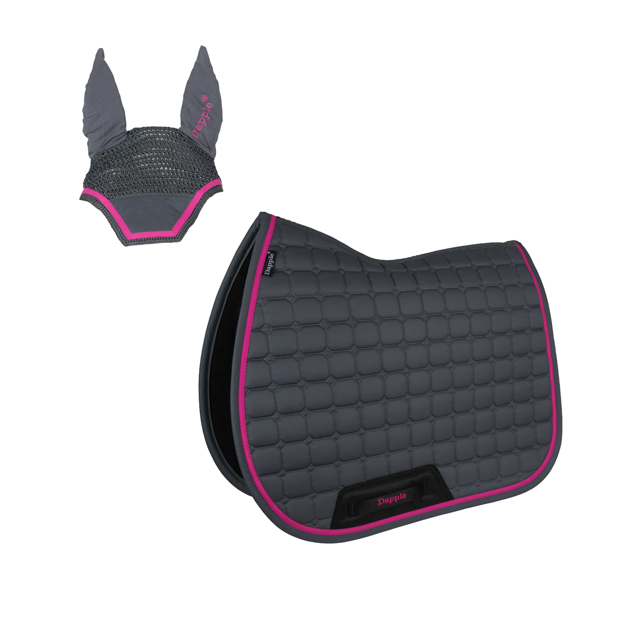 Grey & Fuchsia Saddle Pad and Fly Veil Set - No logo